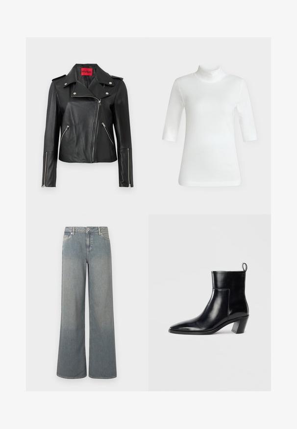Chaqueta de motocicleta de cuero negro con cremalleras plateadas, cuello abatible y bolsillos con cremallera. Presenta una etiqueta interior roja audaz.; Top blanco de canalé con media manga y cuello alto, de corte ajustado, presentado sobre un fondo gris neutro.; Vaqueros de lavado claro y pierna ancha hechos de mezclilla, con un diseño clásico de cinco bolsillos, cierre de cremallera y botón, y detalles de dobladillo desflecado.; Botín de piel negra hasta el tobillo con punta afilada, tacón apilado geométrico y una lengüeta en la parte posterior. Textura suave y diseño elegante.