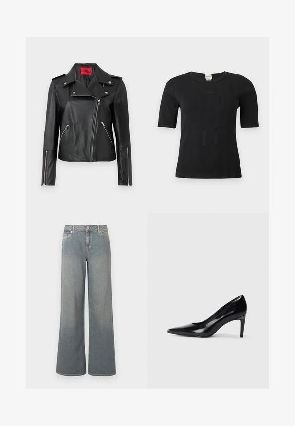 Chaqueta de motocicleta de cuero negro con cremalleras plateadas, cuello abatible y bolsillos con cremallera. Presenta una etiqueta interior roja audaz.; Camiseta negra de manga corta con textura acanalada de Calvin Klein, con cuello redondo y sutil logo bordado en el pecho sobre un fondo liso.; Vaqueros de lavado claro y pierna ancha hechos de mezclilla, con un diseño clásico de cinco bolsillos, cierre de cremallera y botón, y detalles de dobladillo desflecado.; Zapato de tacón alto de cuero negro con punta afilada, textura suave y tacón en forma de cono. Diseño minimalista, sin adornos adicionales.