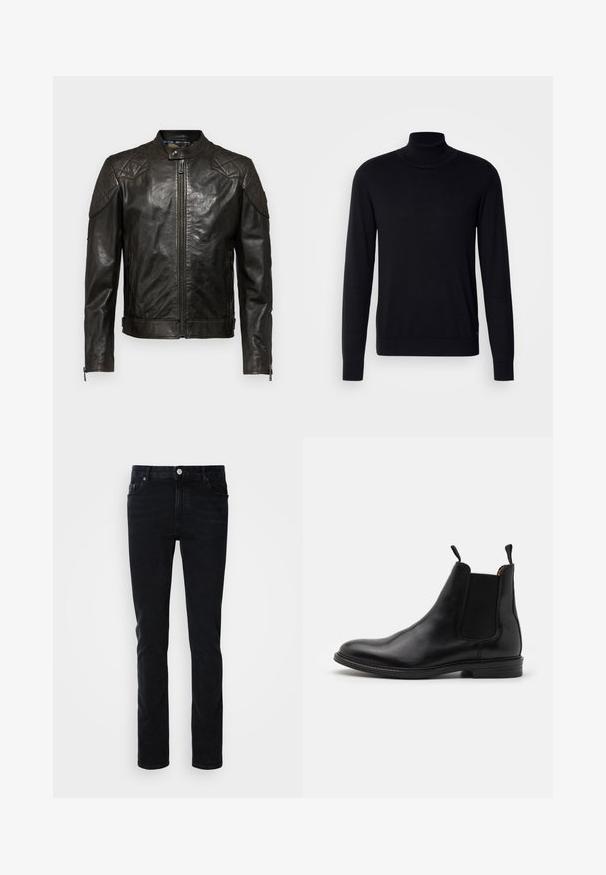 Belstaff OUTLAW - Læderjakker - black; Sort tregnet trøje lavet af blødt stof. Har lange ærmer, ribbestrikket krave og manchetter, samt en glat overflade uden mønstre.; Sort denimjeans i slim fit, med en frontlomme, bæltestropper og knaplukning. Glat tekstur, minimalistisk design.; Sort læder Chelsea-støvle med elastiske sidepaneler, rund tå, trækflapper og en lav stablet hæl. Glat tekstur og klassisk design.