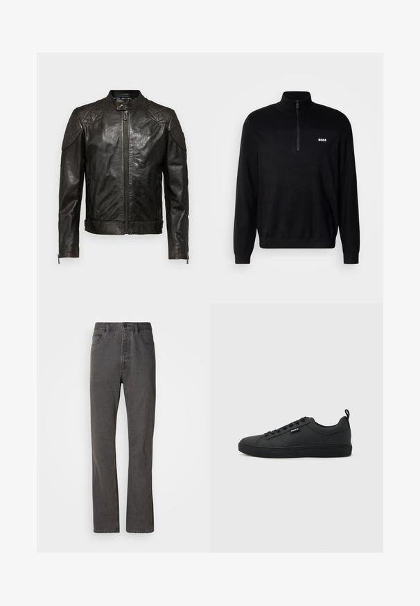 Belstaff OUTLAW - Læderjakker - black; Sort pullover sweater med halv-zip krave, der har ribbet tekstur på skuldrene og et lille hvidt "BOSS" logo på brystet.; Grå denim jeans med lige ben-design, der har forlommer, knaplukning og subtil tekstur.; Sort lavtop sneakers med snørelukning, flad sål og lille "HUGO"-mærke på siden, vist i profil mod en lys baggrund.