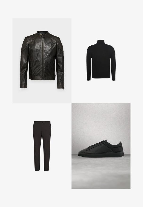 Belstaff OUTLAW - Nahkatakki - black; Musta, pitkähihainen poolkauluspaita, ohutmuotoinen ja hillityllä logolla vasemmassa rintakehässä, valkoisella taustalla esitettynä.; Mustat, kapealahkeiset housut, valmistettu sileästä kankaasta, joissa on nappisuljenta, vyölenkit, eikä näkyviä kuvioita tai yksityiskohtia.; Musta matala nahkainen tennari, jossa nauhat ja "BOSS"-logo, leijuu sileän betonilattian yläpuolella lasiblokkien lähellä.
