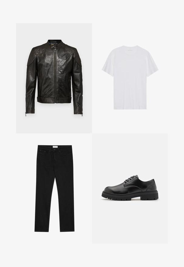 Belstaff OUTLAW - Nahkjakk - black; Valge puuvillane T-särk lühikeste varrukatega, ümmarguse kaelusega ja sujuva tekstuuriga. Omab kaubamärgistust kaeluse piirkonnas minimaalselt.; Mustad mustad jalad, viie taskuga disain, nööbiga ja lukuga kinnine, ning Pier One brändi silt vööl.; Mustad mustad nahast jalanõud, millel on ümardatud varvas, paeltega disain ja paks, tekstuuriga kummitald. Omab äärte pikeeringut ja siledat viimistlust.