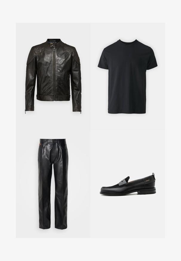 Belstaff OUTLAW - Kožená bunda - black; Čierne bavlnené tričko s krátkym rukávom, okrúhlym výstrihom a voľným strihom. Hladká textúra a rovný lem, bez viditeľných grafík alebo vzorov.; Čierne kožené nohavice s rovnými nohavicami. Medzi vlastnosti patrí zapínanie na gombík a predné vrecká, ktoré ukazujú hladkú textúru a minimálne švy.; Čierny kožený mokasín so sivým remienkom, nízkym podpätkom a textúrovanou podrážkou, so značkou "HUGO" v zlatej farbe na boku.