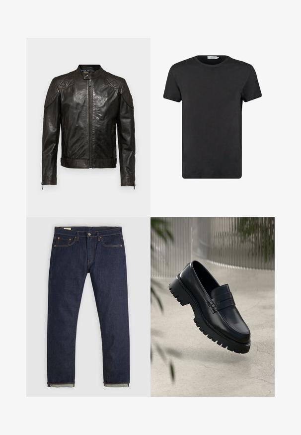 Belstaff OUTLAW - Læderjakker - black; Sort bomulds T-shirt med rund halsudskæring og korte ærmer. Stoffet har en glat tekstur og ingen mønstre eller detaljer. Normal pasform.; Mørkeblå straight-leg denim jeans med opkrogede manchetter, fem-lomme design, kobber nitter og knaplukning på en ensfarvet baggrund.; Sorte læder loafers med en chunky sål, der har en dekorativ rem og syninger. Glat tekstur med en poleret overflade.