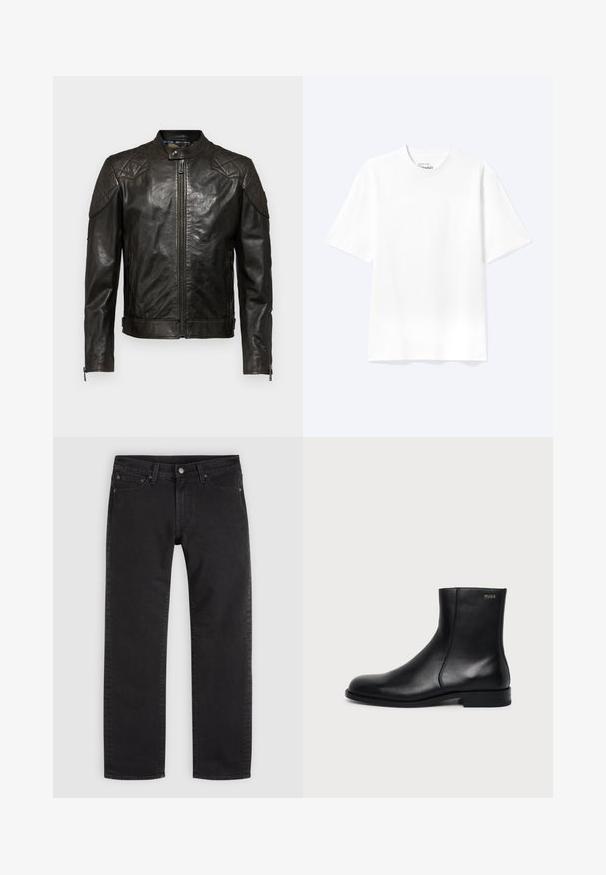 Belstaff OUTLAW - Læderjakker - black; Enkel hvid T-shirt med korte ærmer og rund hals med afslappet pasform, vist på en lys baggrund.; Sorte jeans med lige ben, frontknap og lynlås, bæltestropper og design med fem lommer på en ensfarvet lys baggrund.; Sort læderankelstøvle med lav hæl, sidesyning og lille "HUGO" logo på den øverste manchet mod en ensfarvet baggrund.