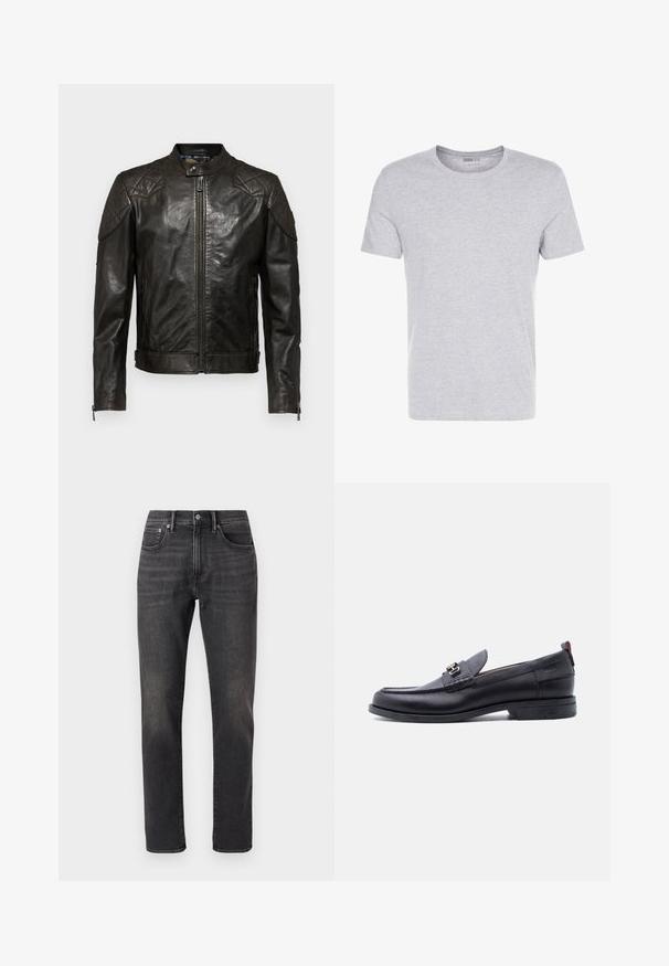 Belstaff OUTLAW - Læderjakker - black; Grå bomulds T-shirt med rund hals, korte ærmer og et enkelt design, som har en blød, glat tekstur uden synlige mønstre eller udsmykninger.; Sorte denimjeans med lige ben, der har frontlommer, knaplukning og subtil fading på stoffet.; Sort lædermokasin med grå tekstureret forfod, sølvfarvet metalspænde, lav hæl og trækflap bagpå.