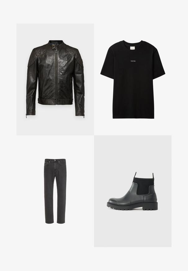 Belstaff OUTLAW - Læderjakker - black; Sort bomulds-T-shirt med rund hals og korte ærmer. Har en lille hvid "Calvin Klein"-logo på forsiden. Glat, klassisk pasform.; Sorte jeans med lige ben i denim med knap- og lynlås-lukning foran, for- og baglommer, vist på hvid baggrund.; Sorte ankelstøvler lavet af gummi med en mat finish, der har et strømlinet design, elastiske paneler og en kraftig sål for godt greb.