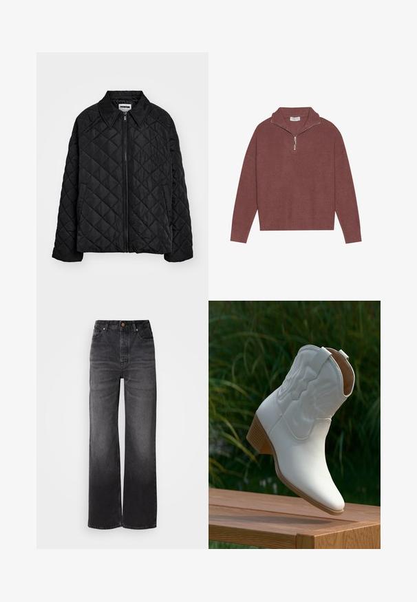 Sort quiltet jakke med spids krave, lynlås foran og sidelommer. Glat tekstur med et diamantmønster over stoffet.; Ribbet, bordeaux farvet pullover sweater med høj krave, 1/4 lynlås lukning og brede ærmer. Blød tekstur med en afslappet pasform.; Sorte afslappede jeans med høj talje, fem lommer, knaplukning og en subtil falmet tekstur. Tyk stof med en struktureret pasform.; Hvid læder cowboystøvle til midt på læggen med dekorative syninger og en stablet træsål, hvilende på en træoverflade udendørs.
