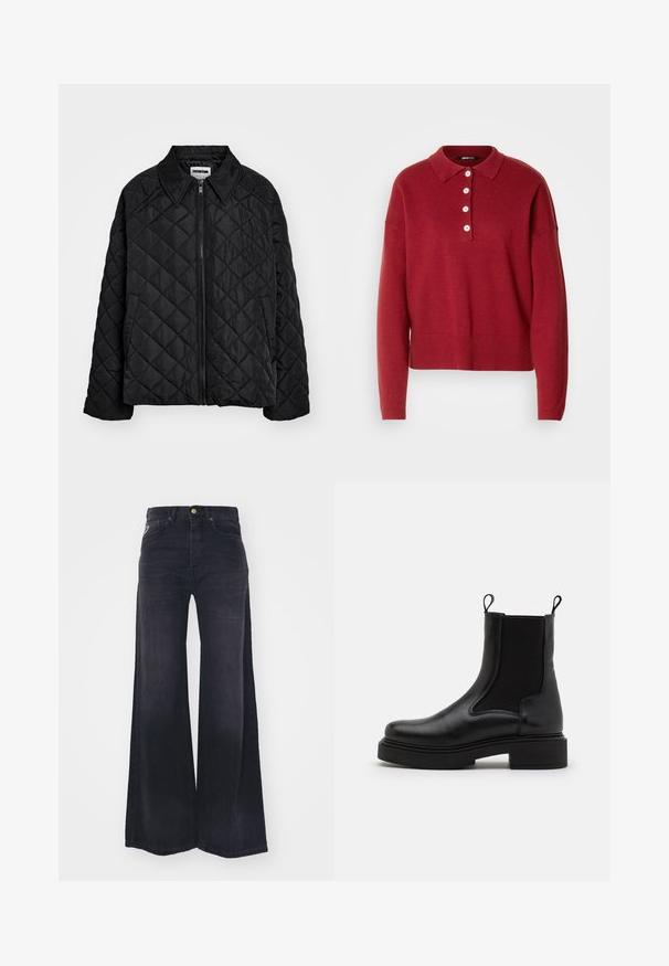 Zwarte gewatteerde jas met een puntige kraag, frontrits en zijzakken. Gladde textuur met een ruitpatroon over de stof.; Rood gebreid sweatervest met een polo-kraag, vijf witte knopen en geribde mouwen en zoom. Ruime pasvorm en zachte textuur.; Zwarte jeans met hoge taille en wijde pijpen, voorzien van knopen aan de voorkant, een rits en vijf zakken.; Zwarte leren enkelbootjes met elastische zijkanten en lusvormige trekkoorden, voorzien van een chunky zwarte zool en een gladde afwerking.