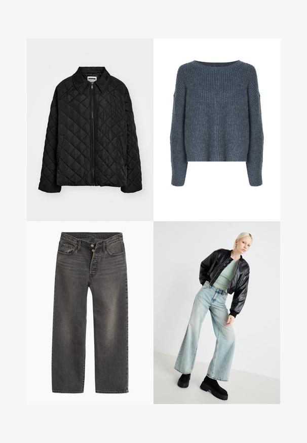 Mustritud must jakk, millel on terav krae, ees tõmblukk ja küljetaskud. Sile tekstuur, millel on kangas ees ruudustik.; Weekday IVY - Džemper - dark grey; Mustad teksapüksid sirge säärega, kõrge vöökohaga ja nööpide sulgemisega. Disainil on peene tuhmumise ja kontrastõmblused.; Must musta bomber jacket, heled rohelise sobiva pluusi, helesinised laiad teksapüksid ja paksud mustad platvormi saapad. Siledad tekstuurid ja kontrastsed värvid.