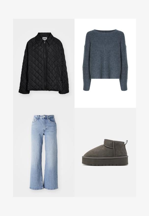 Mustritud must jakk, millel on terav krae, ees tõmblukk ja küljetaskud. Sile tekstuur, millel on kangas ees ruudustik.; Weekday IVY - Džemper - dark grey; Heledsinine kõrge vöökoht ja laiad sääred teksad, millel on ees- ja taga-taskud, nööbiga kinnitamine ning kerge kulumine reitel ja ääres.; Hall värvi sametist pahkluu saapad ümmarguse varbaga, lühikese varre ja paksu kummitaldiga. Tagumisel küljel on silmustõmbehaak ja toonides õmblused.