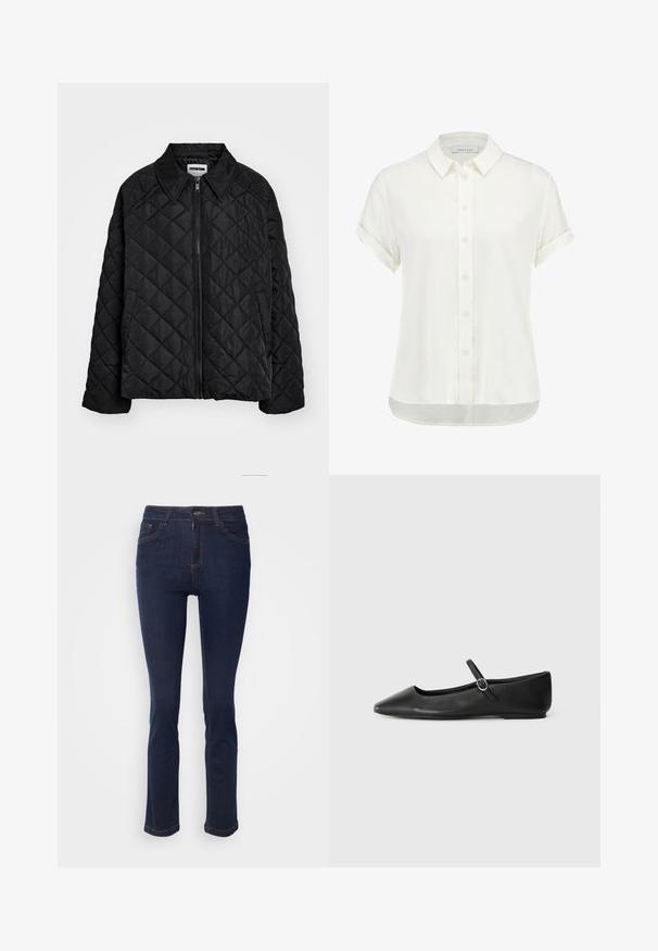 Sort quiltet jakke med spids krave, lynlås foran og sidelommer. Glat tekstur med et diamantmønster over stoffet.; Hvid kortærmet bluse lavet af letvægtsstof, har knaplukning foran, krave og opretstående manchetter med en let buet kant.; Mørkeblå denimjeans med slim fit, mellemhøj talje, fem lommer og kontraststing. Stof har en glat, let tekstureret finish.; Sorte læder balletflade med spids tå, flad sål og en lille spænde rem over anklen for en sikker pasform.
