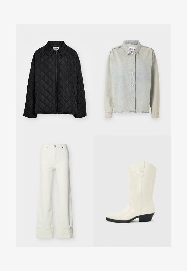 Veste matelassée noire avec un col pointu, fermeture éclair à l'avant et poches latérales. Texture lisse avec un motif en diamant sur le tissu.; Veste en denim bleu clair avec un col, des boutons-pressions à l'avant, des manches longues et une coupe décontractée avec des détails de couture visibles.; Jean blanc à jambes larges avec taille haute, bouton et fermeture éclair à l'avant, passants de ceinture, poches avant et arrière, et ourlets repliés.; Botte blanche de style western mi-mollet avec bout pointu, talon empilé noir, coutures décoratives et languette de tirage sur la tige.