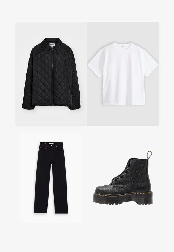 Sort quiltet jakke med spids krave, lynlås foran og sidelommer. Glat tekstur med et diamantmønster over stoffet.; Hvid bomuld t-shirt med korte ærmer, rund hals, afslappet pasform, glat tekstur og en lille logolabel på venstre sidesøm.; Sorte denim jeans med lige pasform, fem lommer, kobberdetaljer og en glat tekstur. To mærker synlige på taljebåndet.; Sorte læder ankelstøvler med tekstureret overflade, rund tå, snørebåndsdesign, gule stikninger og en tyk, rillet sort platformsål.