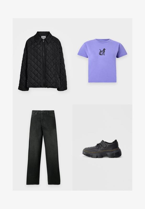Zwarte gewatteerde jas met een puntige kraag, frontrits en zijzakken. Gladde textuur met een ruitpatroon over de stof.; Paarse korte mouwen crop top met zwarte kattenafbeelding en "KEY" tekst op de borst, weergegeven tegen een witte achtergrond.; Zwarte denim jeans met rechte pijpen, voorzakken en lusschachten voor een riem, knoop- en ritssluiting, tentoongesteld tegen een effen achtergrond.; Zwarte sneakers met een chunky zool en leren bovenzijde, gele stiksels langs de tussenzool, klittenband en vetersluiting, op een effen lichte achtergrond.