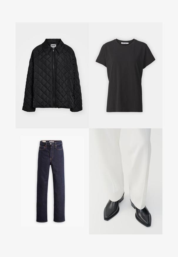 Schwarze gesteppte Jacke mit spitzem Kragen, vorderem Reißverschluss und Seitentaschen. Glatte Textur mit einem Diamantmuster über dem Stoff.; Schwarzes Baumwoll-T-Shirt mit klassischem Rundhalsausschnitt, kurzen Ärmeln und lockerer Passform. Glatte Textur, keine sichtbaren Muster oder Akzente.; Dunkelblaue gerade geschnittene Denim-Jeans mit fünf Taschen und sichtbaren orangefarbenen Nähten auf einem weißen Hintergrund.; Schwarze spitz zulaufende Stiefeletten aus glattem Leder mit flachen Blockabsätzen, kombiniert mit weißen, weiten Hosen. Schlichtes und modernes Design.