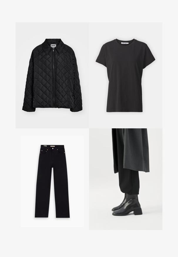 Sort quiltet jakke med spids krave, lynlås foran og sidelommer. Glat tekstur med et diamantmønster over stoffet.; Sort bomulds t-shirt med klassisk rund hals, korte ærmer og afslappet pasform. Glat tekstur, ingen synlige mønstre eller detaljer.; Sorte denim jeans med lige pasform, fem lommer, kobberdetaljer og en glat tekstur. To mærker synlige på taljebåndet.; Sorte læderankelstøvler med lave blokhæle, båret med sorte bukser og en mørkegrå lang frakke.