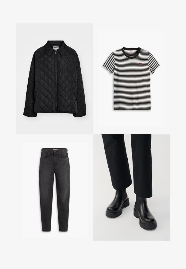 Schwarze gesteppte Jacke mit spitzem Kragen, vorderem Reißverschluss und Seitentaschen. Glatte Textur mit einem Diamantmuster über dem Stoff.; Gestreiftes T-Shirt in Schwarz und Weiß aus Baumwolle. Hat einen runden Halsausschnitt und ein kleines rotes Levi's-Logo auf der Brust. Kurze Ärmel.; Schwarze hochgeschnittene Slim-Fit-Jeans mit Vorder- und Gesäßtaschen, Knopfverschluss und Gürtelschlaufen, auf einem weißen Hintergrund präsentiert.; Person trägt schwarze Leder-Stiefeletten mit klobiger Sohle, kombiniert mit schwarzen Straight-Leg-Hosen vor weißem Hintergrund.