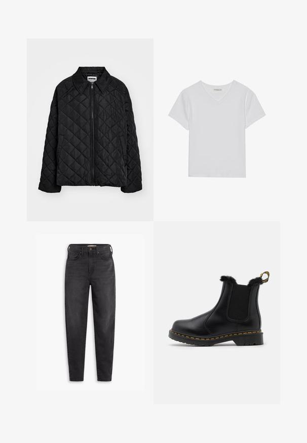 Sort quiltet jakke med spids krave, lynlås foran og sidelommer. Glat tekstur med et diamantmønster over stoffet.; Hvid kortærmet V-hals t-shirt lavet af ribbet stof. Har et rent design med en lige kant og minimal detaljer.; Sorte højtaljede slim-fit jeans med for- og baglommer, knaplukning og bæltestropper, præsenteret på en hvid baggrund.; Sorte læder ankelstøvler med teksturerede elastiske sidepaneler, pelsbesætning øverst, gule sømme og en robust gummisål.
