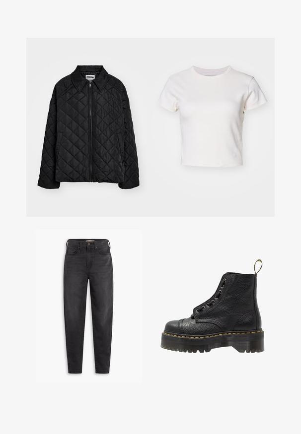 Čierna prešívaná bunda s špicatým golierom, predným zipsom a bočnými vreckami. Hladká textúra s diamantovým vzorom po celej látke.; Denim Project DPMDPWRIBBED CROPPED T-SHIRT - Základné tričko - jet stream; Čierne slim fit jeans s vysokým pásom, s prednými a zadnými vreckami, zapínaním na gombík a pútkami na opasok, zobrazené na bielom pozadí.; Čierna kožená členková čižma s textúrovaným povrchom, okrúhlou špičkou, šnurovacím dizajnom, žltým prešívaním a hrubou, zúženou čiernou platformou.