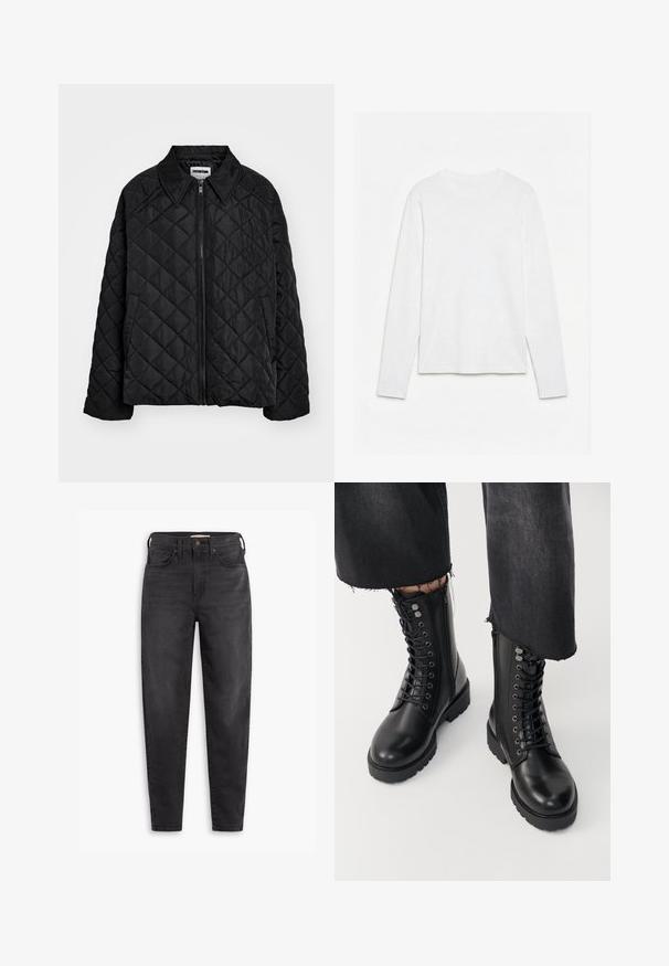 Zwarte gewatteerde jas met een puntige kraag, frontrits en zijzakken. Gladde textuur met een ruitpatroon over de stof.; Effen wit, langarmig shirt met ronde hals, plat neerligt op een witte ondergrond, waarbij de voorkant en de volledige mouwlengte zichtbaar zijn.; Zwarte hoog-taille slim-fit jeans met voor- en achterzakken, knoopsluiting en riemlussen, weergegeven op een witte achtergrond.; Zwarte enkelboots met een zachte leren afwerking, vetersluiting aan de voorkant en een zijrits. Chunky zool en gedetailleerde veterogen voegen textuur toe.