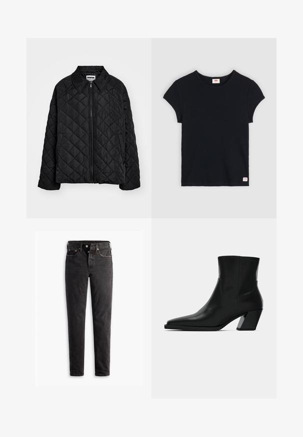 Sort quiltet jakke med spids krave, lynlås foran og sidelommer. Glat tekstur med et diamantmønster over stoffet.; Sort ribbet kortærmet t-shirt med rund hals og et lille mærke i nederste venstre hjørne. Lavet af bomuldsstof, struktureret overflade.; Sorte denim jeans med lige ben, der har fem lommer, kobberhardware og en let slidte måde.; Sortlæder ankelstøvle med spids tå, en slank silhuet og en kraftig firkantet hæl. Glat tekstur med minimale stikninger.
