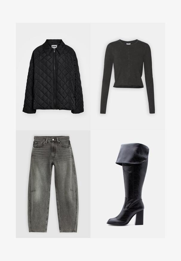 Zwarte gewatteerde jas met een puntige kraag, frontrits en zijzakken. Gladde textuur met een ruitpatroon over de stof.; Zwarte langesleeve crop top met een ronde halslijn, voorzien van een subtiele versleten textuur en een rechte zoom. Geen zichtbare hardware.; Hoge taille grijs gewassen denim jeans met vijf zakken, knoopsluiting en een ontspannen rechte pasvorm.; Hoge zwarte leren laars met hak, een omgeslagen boord en een ronde neus, rechtopstaand tegen een witte achtergrond.