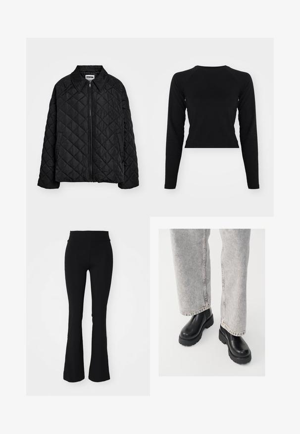 Sort quiltet jakke med spids krave, lynlås foran og sidelommer. Glat tekstur med et diamantmønster over stoffet.; Sort langærmet crop top med rund hals og raglanærmer. Glat tekstur, minimalistisk design og ingen synlige mønstre eller hardware.; Sorte flagrende leggings med høj talje. Fremstillet af et strækbart stof, der har en glat tekstur uden synlige mønstre eller accentuer.; Vagabond COSMO - Plateaustøvletter - black