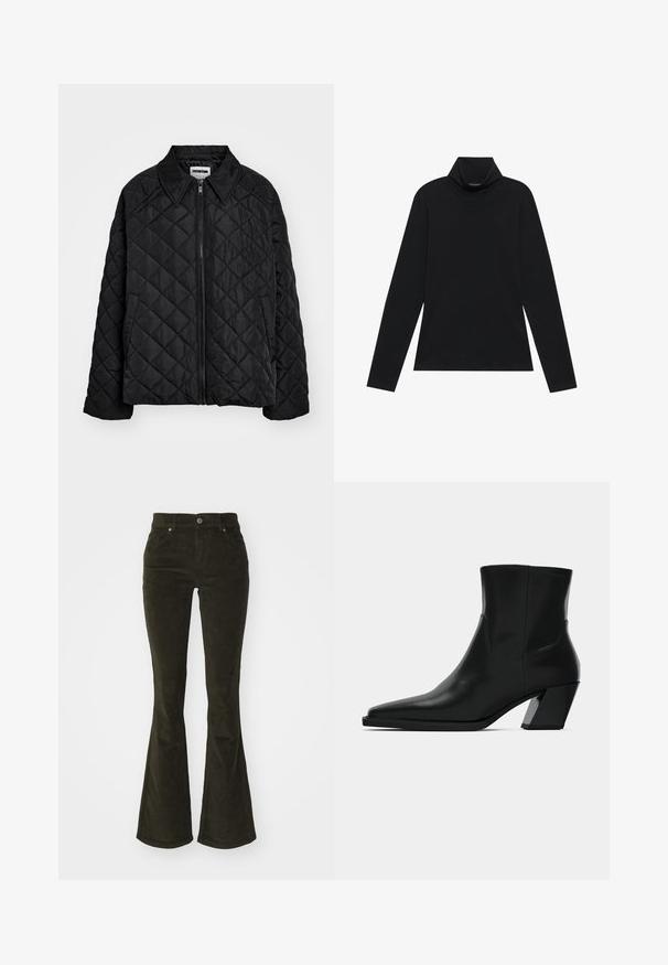 Zwarte gewatteerde jas met een puntige kraag, frontrits en zijzakken. Gladde textuur met een ruitpatroon over de stof.; Zwarte langetermijn turtleneck. Zachte stof, getailleerd design, hoge kraag en zijnaad. Eenvoudige en veelzijdige stijl die geschikt is voor het laagjes dragen.; Uitlopende corduroy broek in donkergroen. Voorzien van voorzakken, knoopsluiting en een zachte, gestructureerde stof met ribbelpatroon.; Zwarte leren enkelboot met een spitse neus, een slanke silhoeet en een chunky vierkante hak. Gladde textuur met minimale stikdetails.