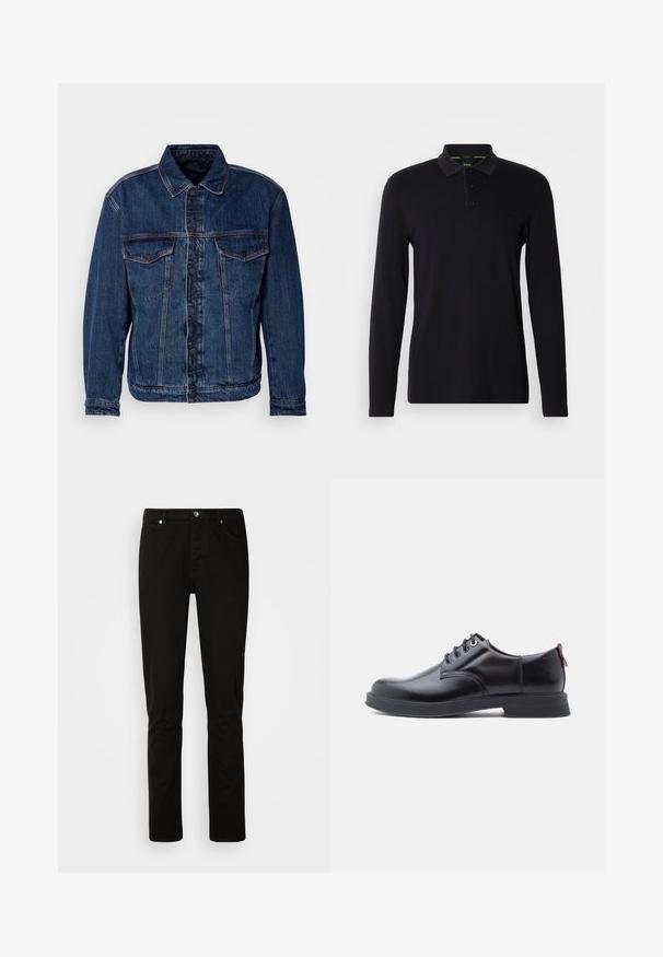 Donkerblauwe spijkerjas met een kraag, twee borstzakken en knoopsluiting. Heeft een iets ongestructureerde pasvorm en zichtbare stiksels.; Zwarte langslavige polo shirt van gladde stof. Heeft een kraag, een placket met drie knopen en een subtiele logo op de borst.; Zwarte rechtvallende spijkerbroek met knoop- en ritssluiting aan de voorkant, voor- en achterzakken, getoond op een effen lichte achtergrond.; Zwarte leren veter schoenen met een gladde textuur, ronde neus en subtiel stiksel detail. Voorzien van een rode trekband op de hiel.