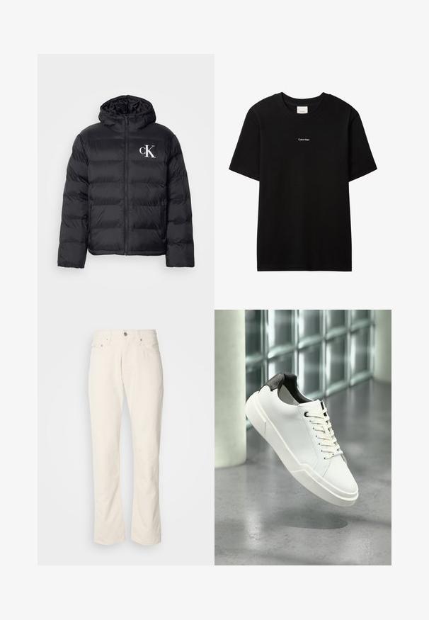 Doudoune noire avec fermeture éclair à l'avant, capuche et logo "CK" blanc. Présente un design matelassé et une texture lisse et brillante.; T-shirt en coton noir avec col rond et manches courtes. Présente un petit logo "Calvin Klein" blanc sur le devant. Coupe classique et lisse.; Jeans en coton beige avec un design classique à jambe droite, comportant une fermeture à bouton à l'avant, cinq poches et des détails de couture subtils.; Baskets basses blanches avec languette de talon noire texturée, lacets blancs et semelle épaisse sur un sol en béton poli près de blocs de verre.