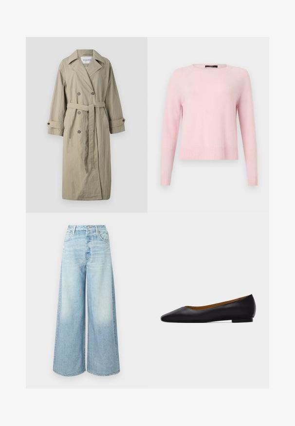 Beige dobbeltbrystet trench coat med bælte, knappede manchetter og et let struktureret stof. Har en spids krave og to forlommer.; Lyserød langærmet strikket sweater med ribbede manchetter, kant og rund halsudskæring, vist på en ensfarvet lys baggrund.; rag & bone MIRAMAR SOFIE ANKLE - Wide leg - meadow blue; Sort læder flad sko med spids tå, lav hæl og glat finish, vist fra siden på en lysegrå baggrund.