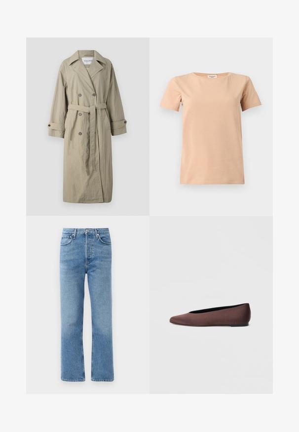 Beige dobbeltbrystet trench coat med bælte, knappede manchetter og et let struktureret stof. Har en spids krave og to forlommer.; Beige kortærmet T-shirt med rund halsudskæring og lige kant på en ensfarvet lysegrå baggrund.; Lyseblå denimjeans med lige ben, høj talje, fem lommer og kobberdetaljer. Glat tekstur med en falmet finish.; Brune balletflade sko i stof med spids tå og glat tekstur, med lav hælkappe og tynd sort sål. Ingen synlige mønstre eller beslag.