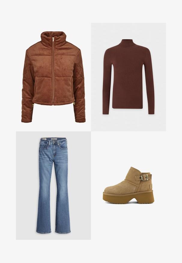 Veste en velours côtelé marron avec un col haut, fermeture éclair sur le devant et design bouffant. Présente des côtes verticales et un matériel d'accent aux poignets.; Pull marron à manches longues en maille côtelée avec col roulé et silhouette ajustée sur un fond blanc uni.; Jean flare en denim bleu clair avec une taille haute, doté de cinq poches, de coutures contrastées et d'une texture douce.; Bottine en daim beige avec semelle plateforme épaisse marron et bride à boucle argentée sur le côté.