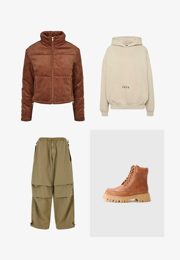 Veste en velours côtelé marron avec un col haut, fermeture éclair sur le devant et design bouffant. Présente des côtes verticales et un matériel d'accent aux poignets.; Sweat à capuche beige avec une poche avant, des poignets côtelés et une capuche à cordon. Texte "PECADOR PGDR" imprimé sur la zone de la poche.; Pantalons cargo beige avec taille élastique, grandes poches avant et poignets ajustables. Fabriqués en tissu léger avec une texture lisse.; Bottines escarpins en cuir tan avec un col rembourré et une semelle en caoutchouc épaisse et crantée sur un fond clair.