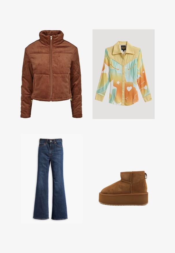 Veste en velours côtelé marron avec un col haut, fermeture éclair sur le devant et design bouffant. Présente des côtes verticales et un matériel d'accent aux poignets.; Chemise western à manches longues avec empiècement jaune, dégradé pastel bleu, orange et blanc, boutons-pression et surpiqûres décoratives en forme de flèche sur les poches poitrine.; Jeans en denim bleu foncé taille haute avec jambes évasées, fermeture à boutons et zip à l'avant, et conception à cinq poches.; Bottines en suede marron avec un bout rond et une semelle plateforme. Présente un petit talon et une lanière pour un enfilage facile. Surface texturée avec des détails de couture.