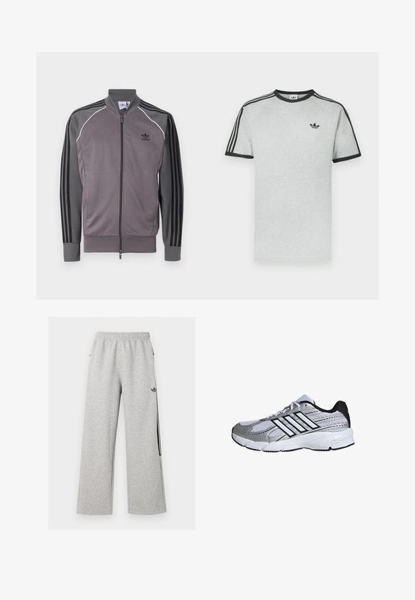 Grå atletisk jakke med lynlås foran, sort tre-stribet design på ærmerne, ribbede manchetter og krave. Har hvid piping langs sømmene.; Grå t-shirt med sorte accenter, med rund hals og korte ærmer. Tre sorte striber på skuldrene, lille logo på brystet.; Lysegrå vidtløftede joggingbukser med elastisk talje og sort Adidas trefoil-logo på højre lår.; Mesh atletik sko i hvid og sølv, med sorte detaljer, tre hvide striber logo, polstret krave og tekstureret gummisål.