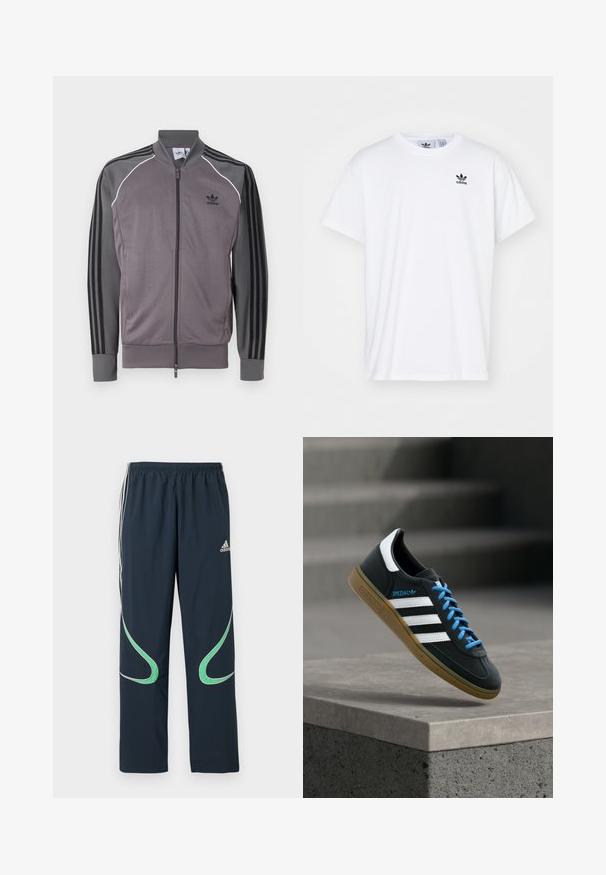 Grå atletisk jakke med lynlås foran, sort tre-stribet design på ærmerne, ribbede manchetter og krave. Har hvid piping langs sømmene.; Hvid bomulds T-shirt med korte ærmer, rund halsudskæring og et sort Adidas-logo med tre striber på venstre brystområde.; Marinen track pants lavet af letvægtsstof, med hvide striber på siderne og grønne buede detaljer. Elastisk talje for komfort.; Sort Adidas sneaker med hvide striber, blå snørebånd og gummisål, der svæver over gråt betontrin i blødt lys.