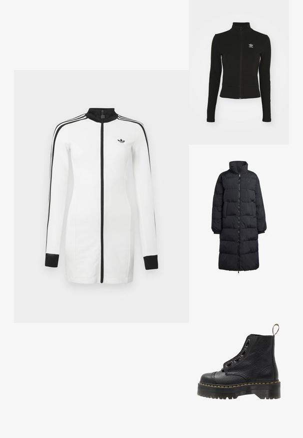 Manteau doudoune noir avec un col haut, fermeture éclair frontale intégrale et deux poches latérales ; design matelassé avec une finition brillante et des poignets côtelés.; Doudoune noire zippée avec manches longues, fabriquée en matériau texturé, affichant un petit logo Adidas bleu sur la poitrine gauche.; Veste blanche à fermeture éclair avec accents noirs, manches longues, col montant, logo adidas et trois bandes noires sur chaque épaule.; Bottines en cuir noir avec surface texturée, bout arrondi, lacets, coutures jaunes et une épaisse semelle noire crantée.