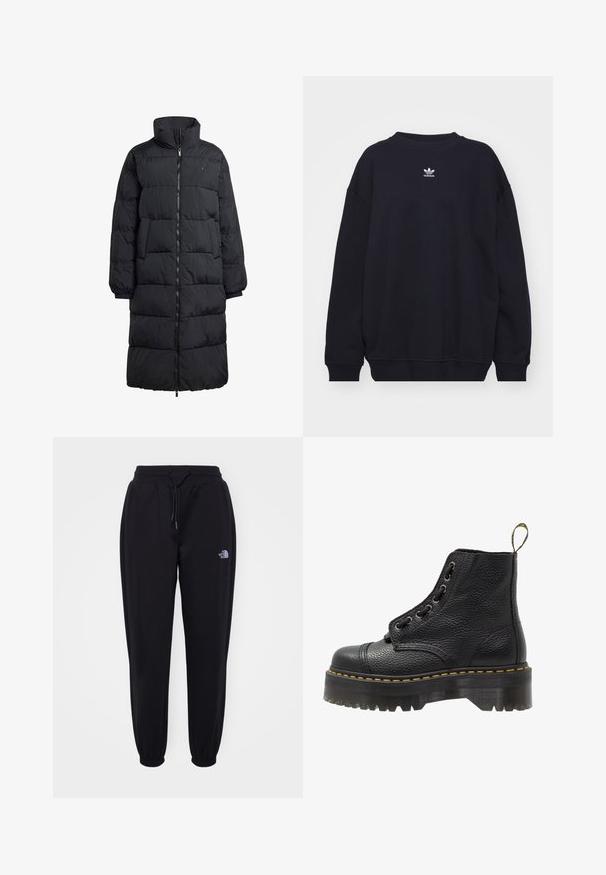 Sort pufferjakke med høj krave, fuld frontlynlås og to sidelommer; quiltet design med en blank finish og ribbede manchetter.; Sort sweatshirt lavet af en bomuldsblanding, med ribbet rund hals og manchetter, og et lille hvidt Adidas-logo centralt placeret på brystet.; Sorte joggingbukser med elastisk talje og manchetter, snoretræk, sidelommer og lille hvid The North Face-logo på højre lår.; Sorte læder ankelstøvler med tekstureret overflade, rund tå, snørebåndsdesign, gule stikninger og en tyk, rillet sort platformsål.