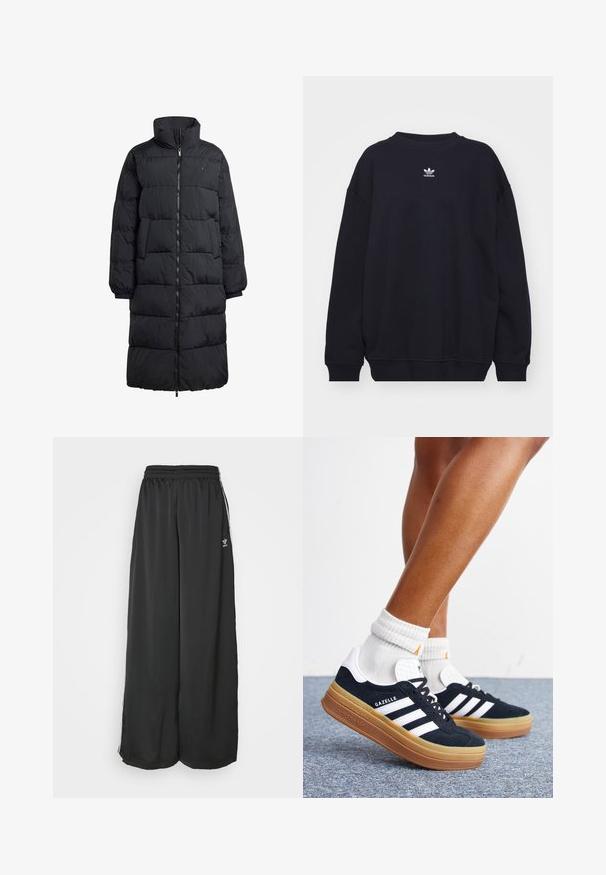 Sort pufferjakke med høj krave, fuld frontlynlås og to sidelommer; quiltet design med en blank finish og ribbede manchetter.; Sort sweatshirt lavet af en bomuldsblanding, med ribbet rund hals og manchetter, og et lille hvidt Adidas-logo centralt placeret på brystet.; Sorte løstsiddende træningsbukser lavet af glat stof. Har en elastisk talje og sidelogsstriber med logoaccents.; Ben iført hvide sokker og sorte Adidas Gazelle sneakers med hvide striber og tykke brune såler på et gråt tæppe.