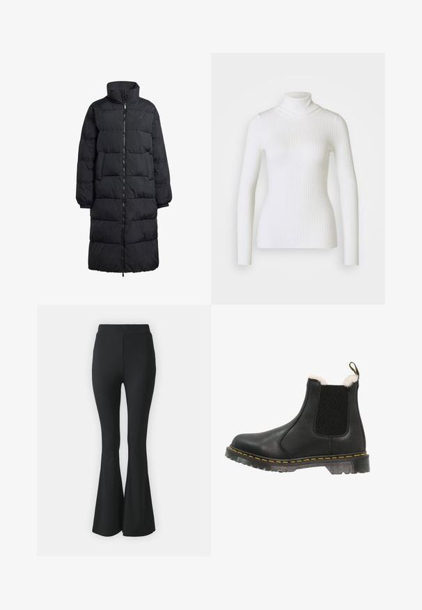 Schwarze Daunenjacke mit hohem Kragen, durchgehendem Reißverschluss und zwei Seitentaschen; gestepptes Design mit glänzendem Finish und gerippten Bündchen.; Weißer gerippter Rollkragenpullover mit langen Ärmeln, der ein tailliertes Design und eine weiche Textur aufweist. Flacher Kragen und nahtloser Look.; Schwarze ausgestellte Hosen aus elastischem Stoff. Sie haben einen hohen Bund und ein glattes, eng anliegendes Design, das ab dem Knie nach unten ausgestellt ist.; Schwarze Leder-Stiefelette mit strukturierten Seitenpanelen, weichem weißen Kunstfellfutter, gelben Nähten und einer strapazierfähigen Gummisohle.