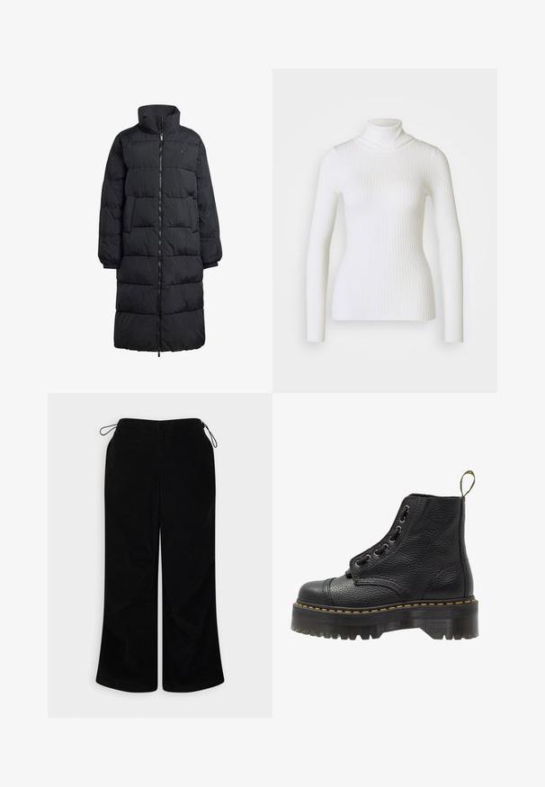 Schwarze Daunenjacke mit hohem Kragen, durchgehendem Reißverschluss und zwei Seitentaschen; gestepptes Design mit glänzendem Finish und gerippten Bündchen.; Weißer gerippter Rollkragenpullover mit langen Ärmeln, der ein tailliertes Design und eine weiche Textur aufweist. Flacher Kragen und nahtloser Look.; BDG Urban Outfitters BALLOON - Stoffhose - black; Schwarze Leder-Ankle-Boots mit strukturierten Oberflächen, runder Zehenpartie, Schnürdesign, gelben Nähten und einer dicken, gerippten schwarzen Plateausohle.