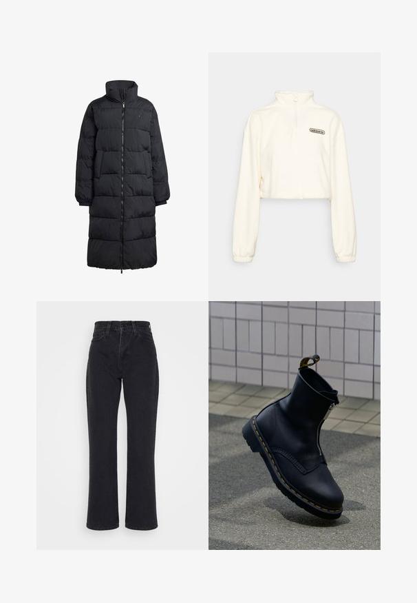 Zwarte pufferjas met een hoge kraag, volledige rits aan de voorkant en twee zijzakken; geborduurd ontwerp met een glanzende afwerking en geribde manchetten.; adidas Originals CROPPED - Fleece trui - white; Zwarte high-waist jeans met rechte pijpen, voorzakken en riemlussen op een witte achtergrond.; Zwarte leren enkellaars met een ritssluiting aan de zijkant, een gestructureerd oppervlak, geel stikselaccent en een rubberen zool.
