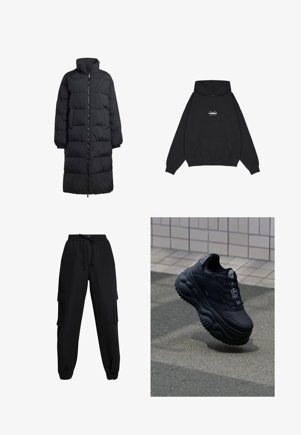 Schwarze Daunenjacke mit hohem Kragen, durchgehendem Reißverschluss und zwei Seitentaschen; gestepptes Design mit glänzendem Finish und gerippten Bündchen.; Pegador BELLY OVERSIZED HOODIE - Kapuzenpullover - washed black; Schwarze Cargo-Hosen aus leichtem Material, mit einem elastischen Taillenbund, Kordelzug und Seitentaschen. Die design wird durch umschlagbare Knöchel abgerundet.; Schwarze klobige Sneakers mit einem Obermaterial aus glattem Leder, erhöhter Sohle mit wellenförmigen Mustern und Schnürsenkeln für einen sicheren Sitz. Branding auf der Zunge.