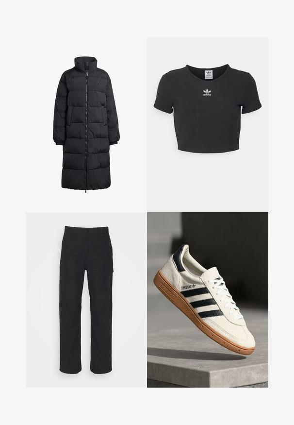 Sort pufferjakke med høj krave, fuld frontlynlås og to sidelommer; quiltet design med en blank finish og ribbede manchetter.; Sort cropped t-shirt lavet af bomuld, med rund halsudskæring og korte ærmer. I midten har den hvid Adidas logo broderi.; Sorte bomuldsbukser med lige pasform, knaplukning og bæltestropper. Har et klassisk design uden synlige lommer.; Hvide ruskinds sneakers med marineblå striber, gummisål, struktureret overdel, rund tå og snøring; har branding på siden og tungen.