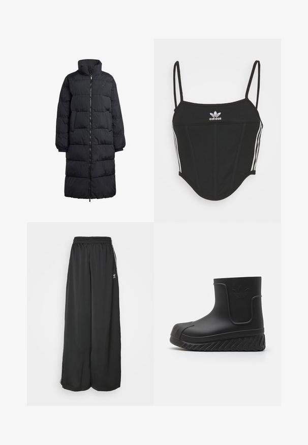 Zwarte pufferjas met een hoge kraag, volledige rits aan de voorkant en twee zijzakken; geborduurd ontwerp met een glanzende afwerking en geribde manchetten.; Zwarte geribbelde crop top met verstelbare dunne bandjes, voorzien van drie witte strepen aan de zijkanten en een klein wit Adidas-logo in het midden.; Zwarte, loszittende trainingsbroek van gladde stof. Voorzien van een elastische tailleband en zijstrepen met logo-accenten.; Zwarte waterdichte enkellaars met een gestructureerde rubberen zool, een gladde bovenkant, verhoogd logo en een ronde neus. Heeft een instapontwerp met een stevige constructie.