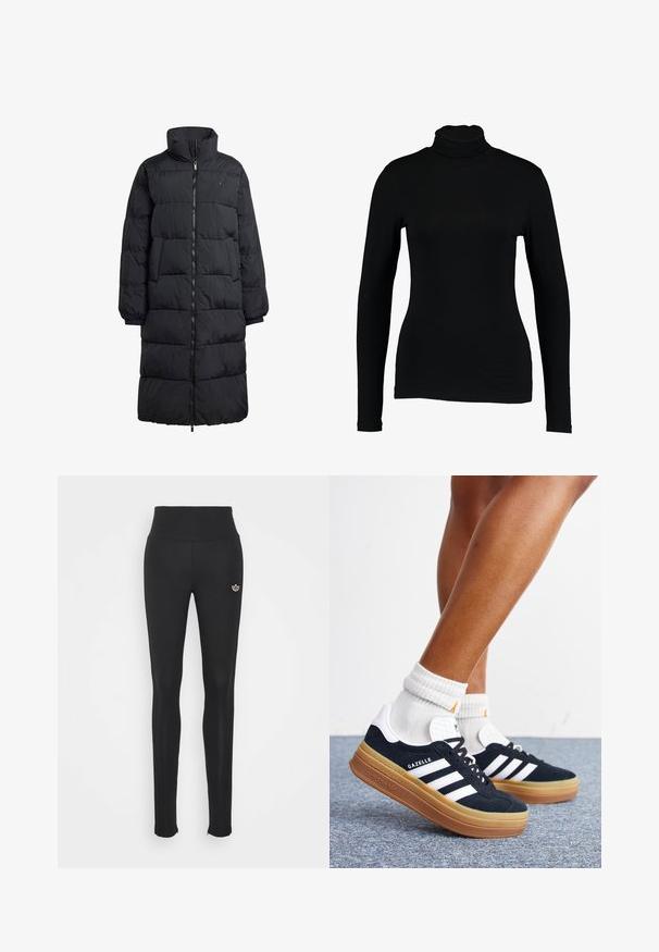 Sort pufferjakke med høj krave, fuld frontlynlås og to sidelommer; quiltet design med en blank finish og ribbede manchetter.; Sort langærmet turtleneck top lavet af glat stof, med et tætsiddende design og høj hals, velegnet til lag-på-lag brug eller som en selvstændig beklædningsgenstand.; Sorte leggings med høj talje, lavet af strækbart stof. Har et lille guldlogo foran og en glat overflade.; Ben iført hvide sokker og sorte Adidas Gazelle sneakers med hvide striber og tykke brune såler på et gråt tæppe.