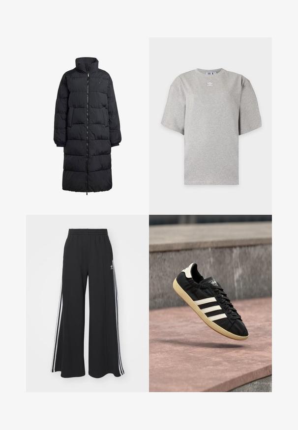 Sort pufferjakke med høj krave, fuld frontlynlås og to sidelommer; quiltet design med en blank finish og ribbede manchetter.; Lysegrå Adidas T-shirt med korte ærmer, rund hals og lille hvid Adidas-logo på brystet, vist på en ensfarvet baggrund.; Sorte bukser med vide ben og elastik i taljen, med tre hvide striber langs ydersiderne og et lille logo foran.; Sort Adidas sneaker med hvide striber og beige sål, fanget i luften over en stenet overflade og baggrund af en stenmur.