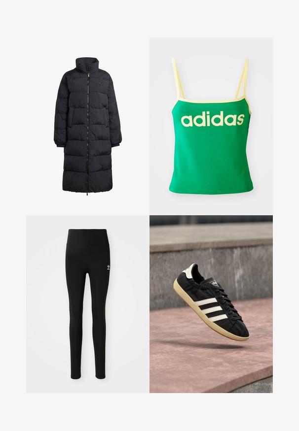 Schwarze Daunenjacke mit hohem Kragen, durchgehendem Reißverschluss und zwei Seitentaschen; gestepptes Design mit glänzendem Finish und gerippten Bündchen.; Grünes Tanktop mit gelben Akzenten, aus dehnbarem Material. Lieferumfang: großes gelbes "adidas"-Logo auf der Vorderseite und dünne Träger.; Schwarze Leggings aus dehnbarem Material mit hohem Bund, ausgestattet mit einem kleinen weißen Adidas-Logo am linken Bein. Glatte Textur.; Schwarzer Adidas-Sneaker mit weißen Streifen und beiger Sohle, in der Luft über einer steinernen Oberfläche und mit Steinwand im Hintergrund aufgenommen.